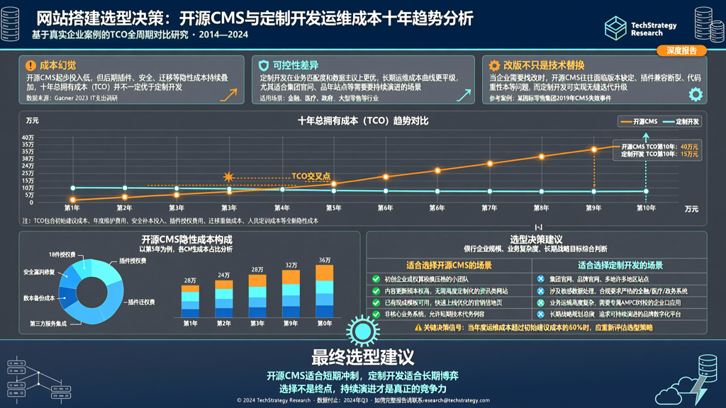 网站搭建选型决策:开源CMS与定制开发运维成本十年趋势分析